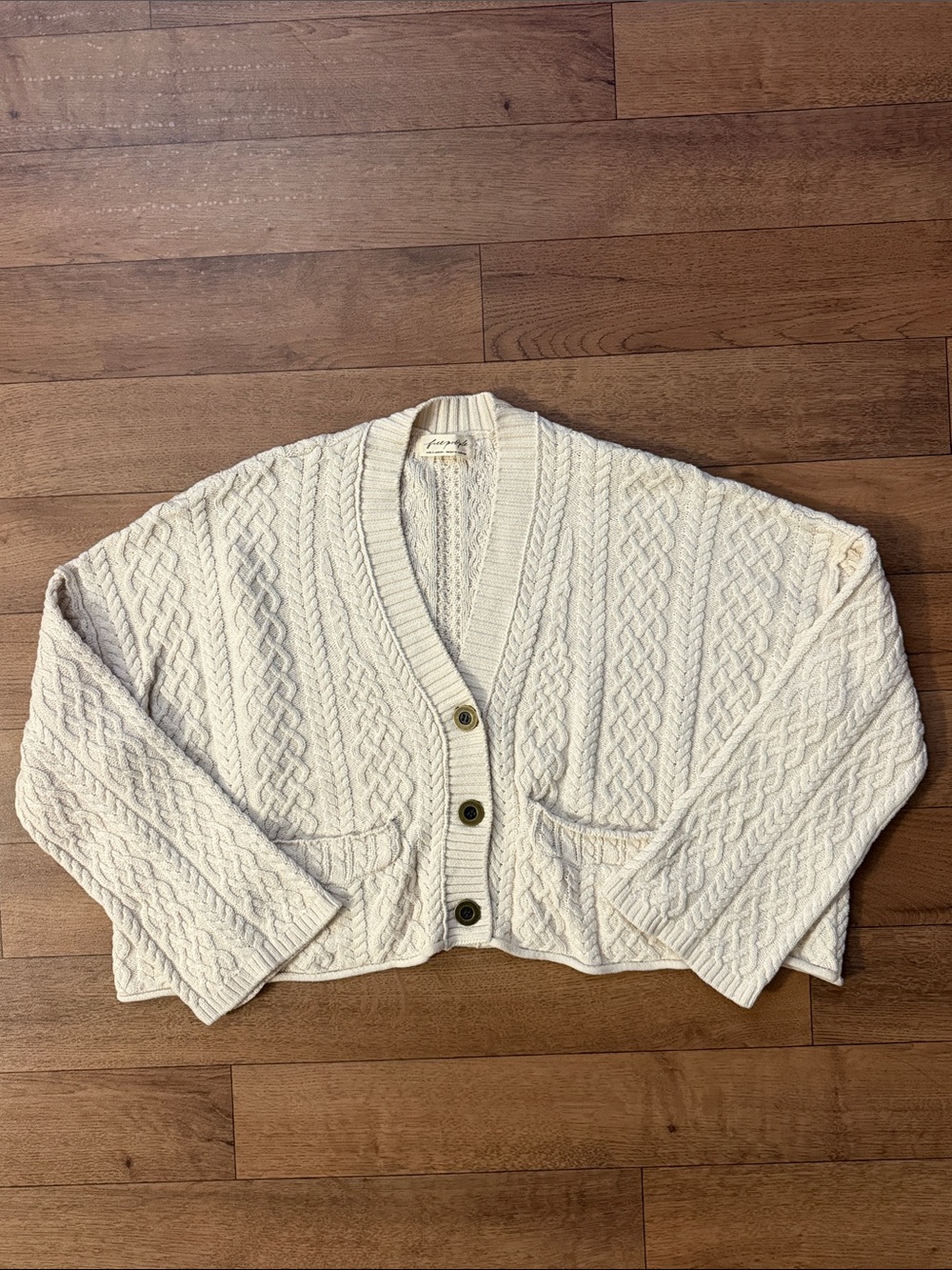 Free People Size Small Ivory Cream Washed Ashore Cardigan Cable Knit Sweater Lux